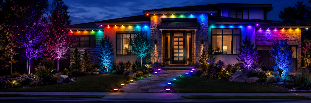 Home at dusk lit by the Novelty Lights Smart Series: eve lights on the roofline, spot lights uplighting trees, and ground lights lining the walkway, all in vivid color